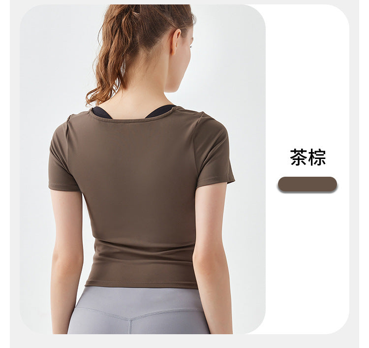 2023.08 Summer waist slimming square collar yoga clothing top women's irregular hem slim fitness elastic thin section sports short sleeves