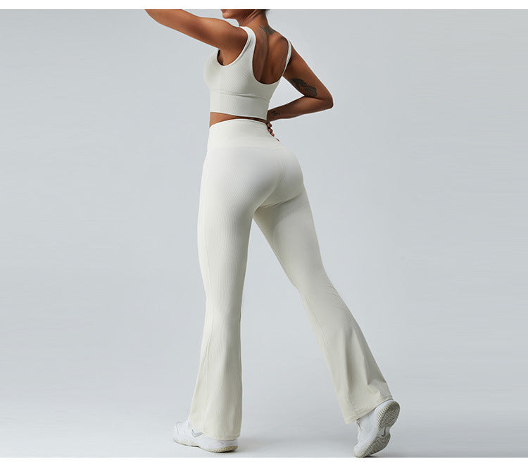 2023.09 ribbed Thread high waist yoga bell-bottom pants for women without T line belly pull-in micro dry sports running fitness pants