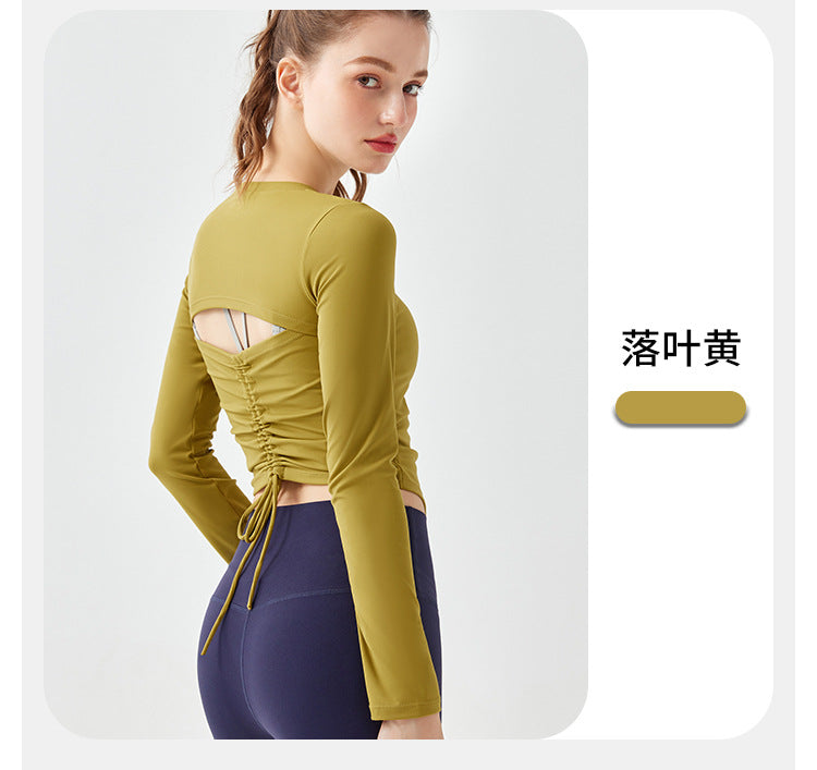 2023.08 Yoga clothing women's autumn drawstring hollow fitness long-sleeved Pilates sports tight-fitting running slimming training tops