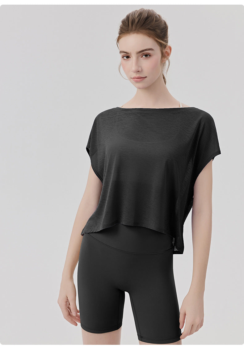 02/2026 Top de yoga holgado para mujer con escote simple, apto para dos usos, camiseta de manga corta casual y deportiva, top de fitness ligero y transpirable para exteriores