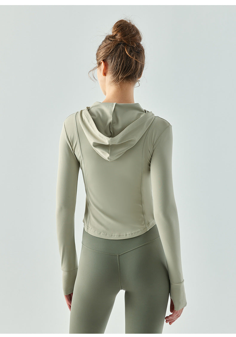 2023.08 sports coat autumn and winter waist zipper hooded yoga wear long-sleeved running tight fitness clothes for women