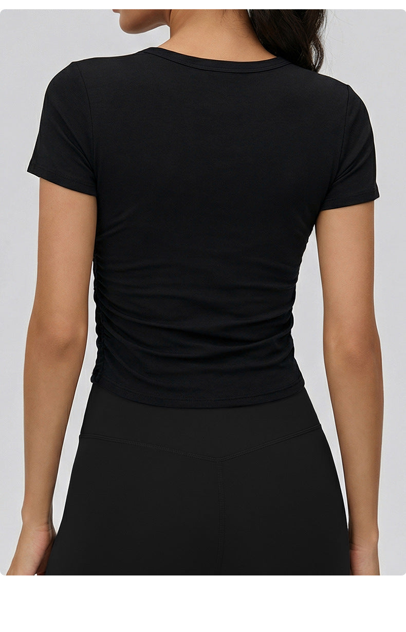 03/2026 Spring/Summer Round Neck Yoga Short Sleeve Women's Double-Ruffled Slimming Fitness Top Nude Fit Sports T-Shirt