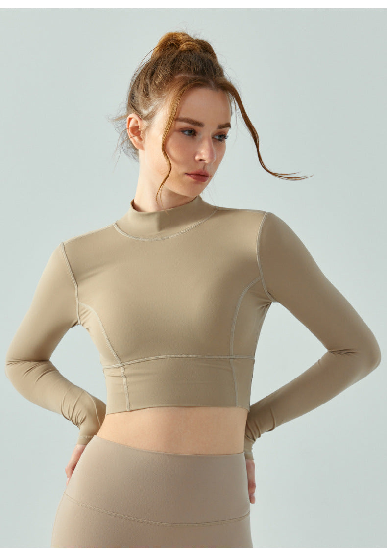 2023.09 Stand collar autumn and winter yoga wear long sleeve female water drop half fixed cup hollow-out back running sports tight fitness top
