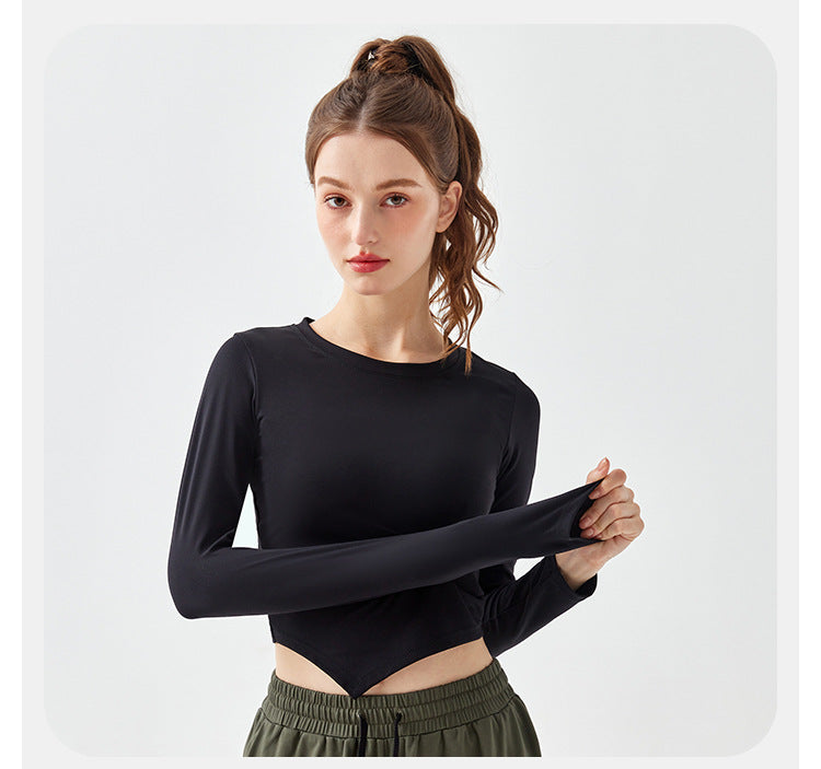 2023.08 Yoga clothing women's autumn drawstring hollow fitness long-sleeved Pilates sports tight-fitting running slimming training tops