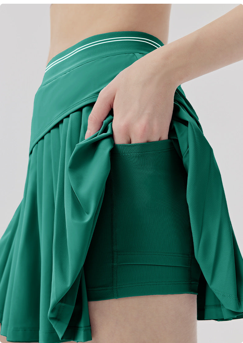 01/2026 Cool-feel sports mini skirt for women, faux two-piece design, anti-exposure yoga skirt with pockets, elastic waist, casual tennis skirt.