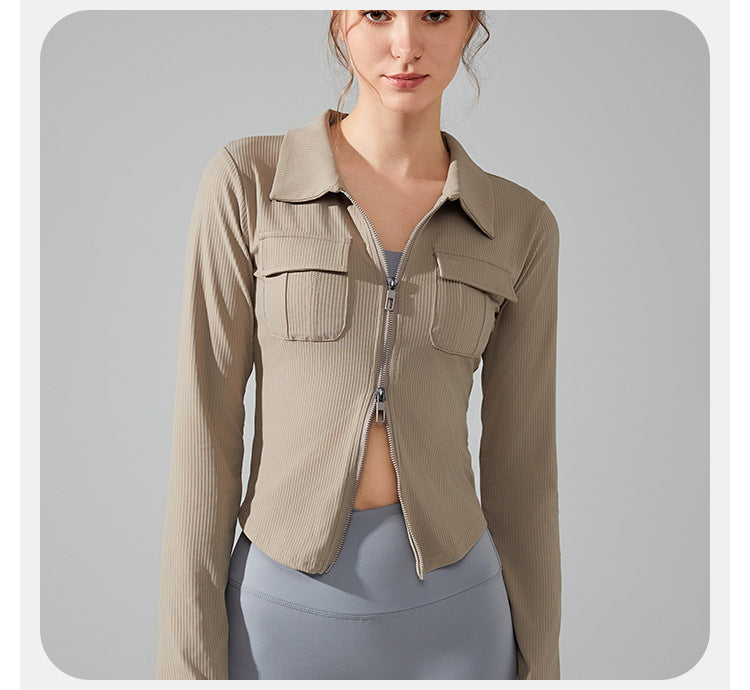 23.08 Autumn and winter lapel slim pocket long-sleeved yoga clothing front zipper sports jacket slim running fitness clothing top women
