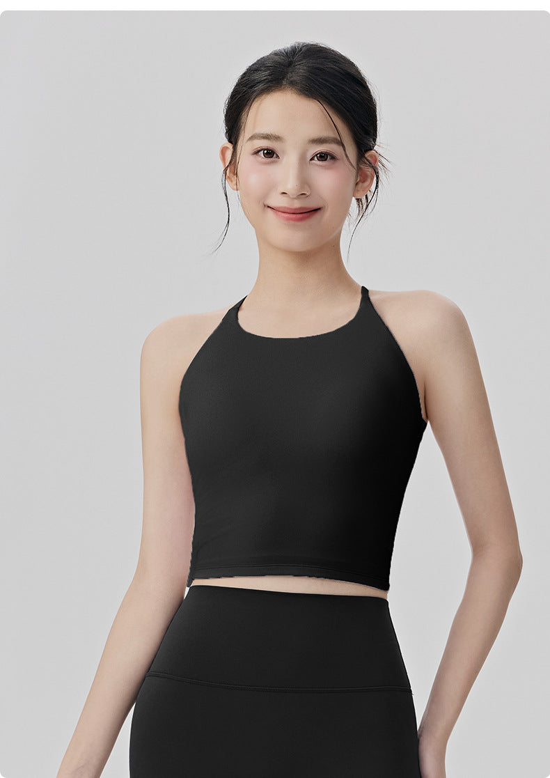 01/2026 Women's sweat-wicking, quick-drying yoga vest with bra pads to support underarm fat, fitness top with openwork design and beautiful back, Pilates sports vest.