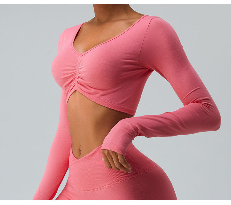 2023.09 Yoga clothes long sleeve set women feel folded yoga top cross belly peach pants fitness clothes