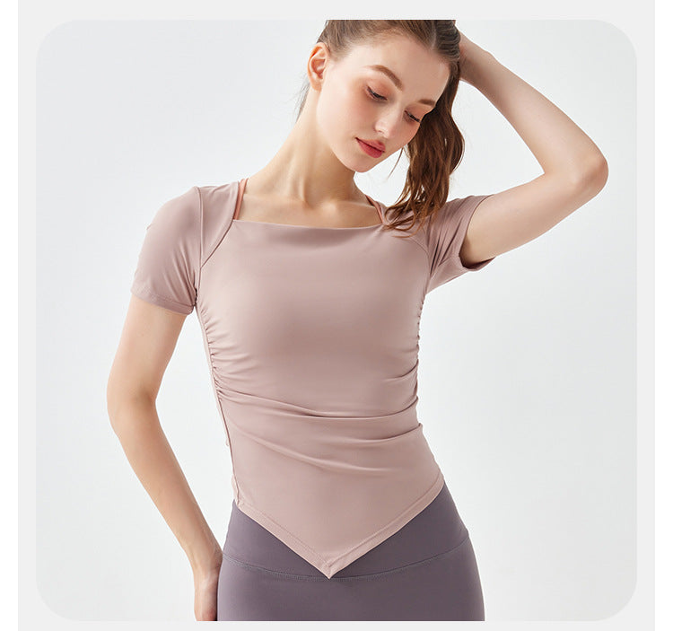 2023.08 Summer waist slimming square collar yoga clothing top women's irregular hem slim fitness elastic thin section sports short sleeves