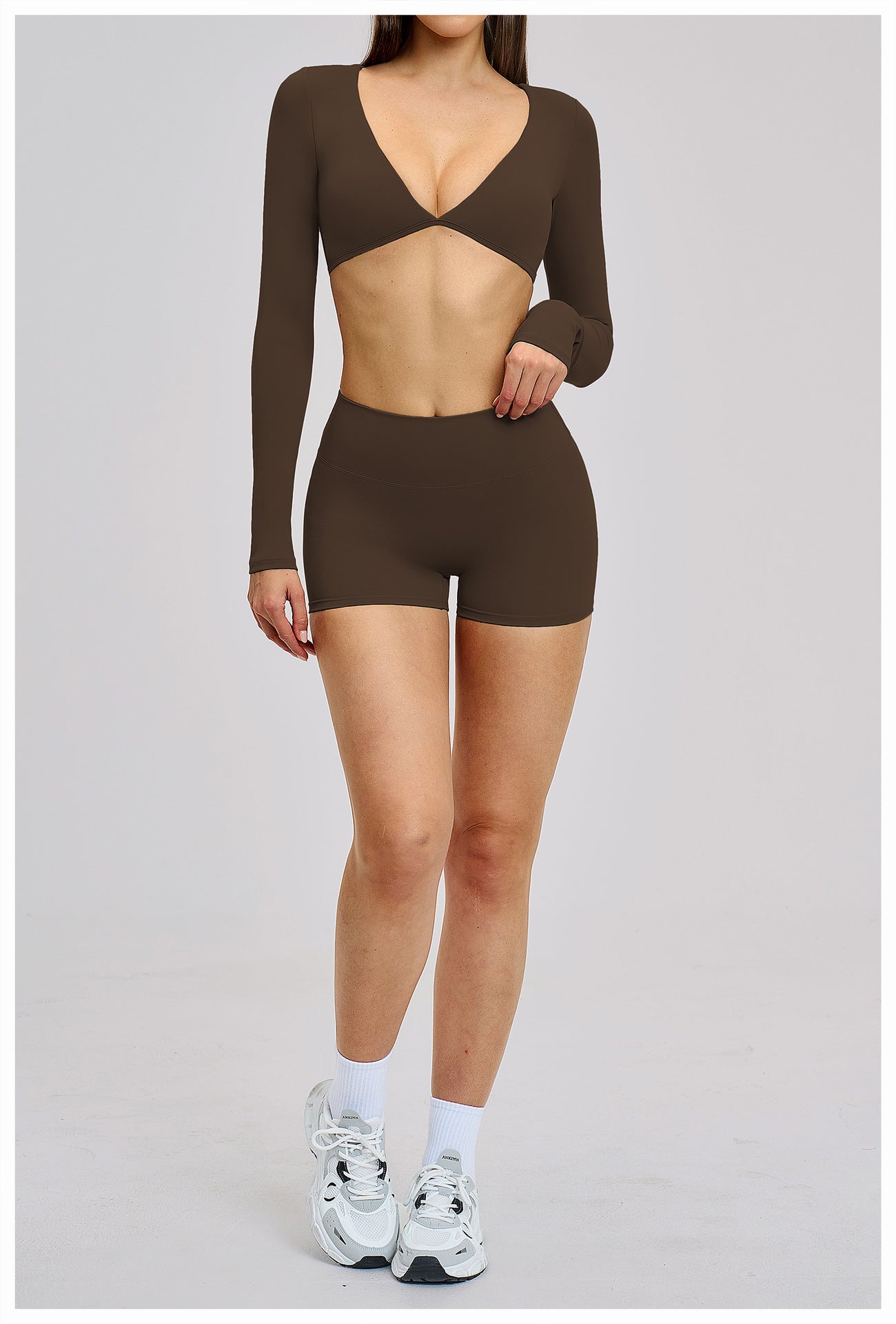 03/2026 Traje de yoga de manga larga estilo europeo y americano, traje deportivo de fitness con cuello halter para correr, ropa de yoga sin espalda cepillada 4201