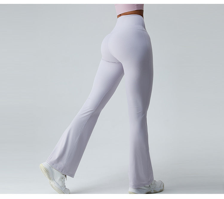 2023.09 ribbed Thread high waist yoga bell-bottom pants for women without T line belly pull-in micro dry sports running fitness pants