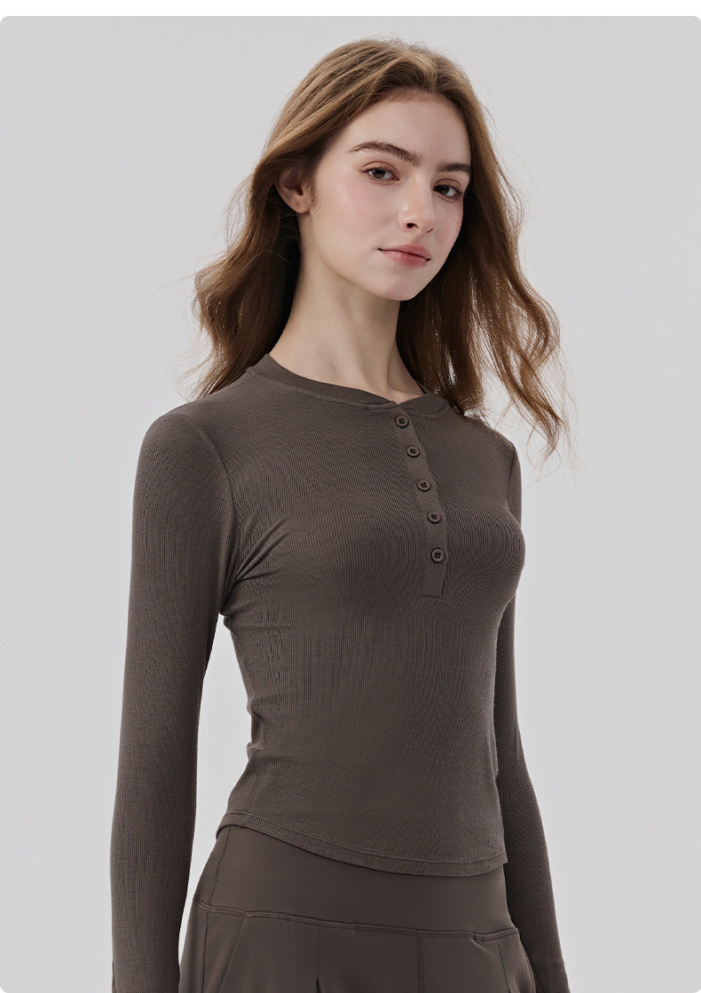 01/2026 Lenzing Modal Long-Sleeve Yoga Shirt for Women with Henley Collar, Comfortable and Breathable Sports T-Shirt, Pilates Fitness Top