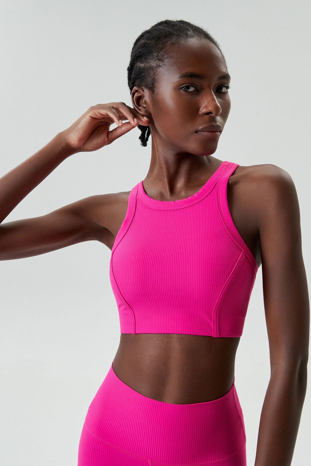 04/2024 ribbed High neck willow strip fan round oxygen cup sports bra women's long yoga fitness vest running bra