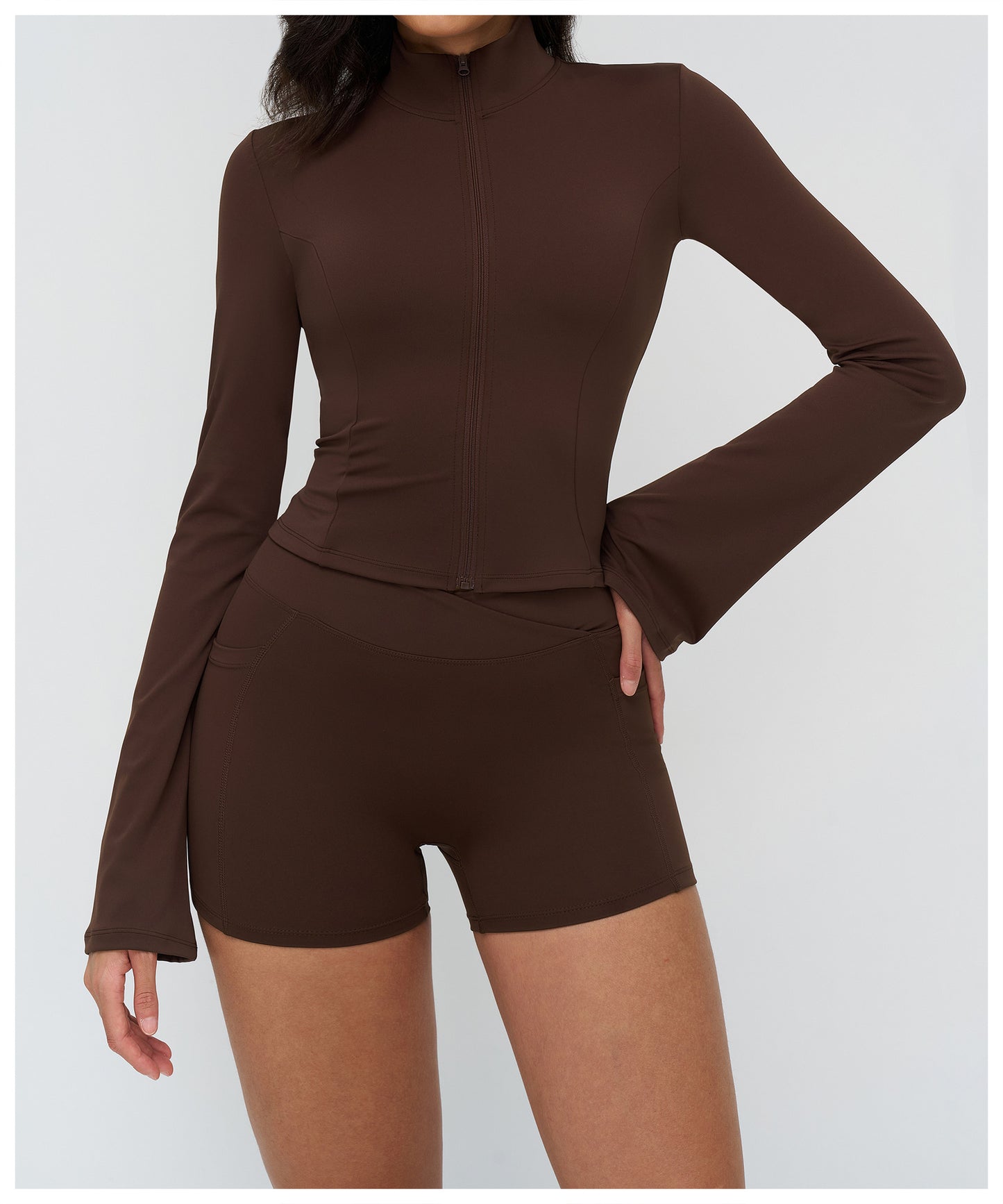 12/2025 Yoga coat, stand-up collar, zipper, flared sleeve, fashionable coat, outdoor running sports top, women 4518