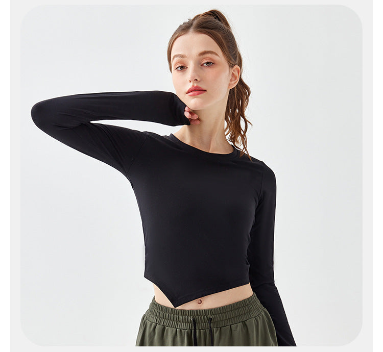 2023.08 Yoga clothing women's autumn drawstring hollow fitness long-sleeved Pilates sports tight-fitting running slimming training tops