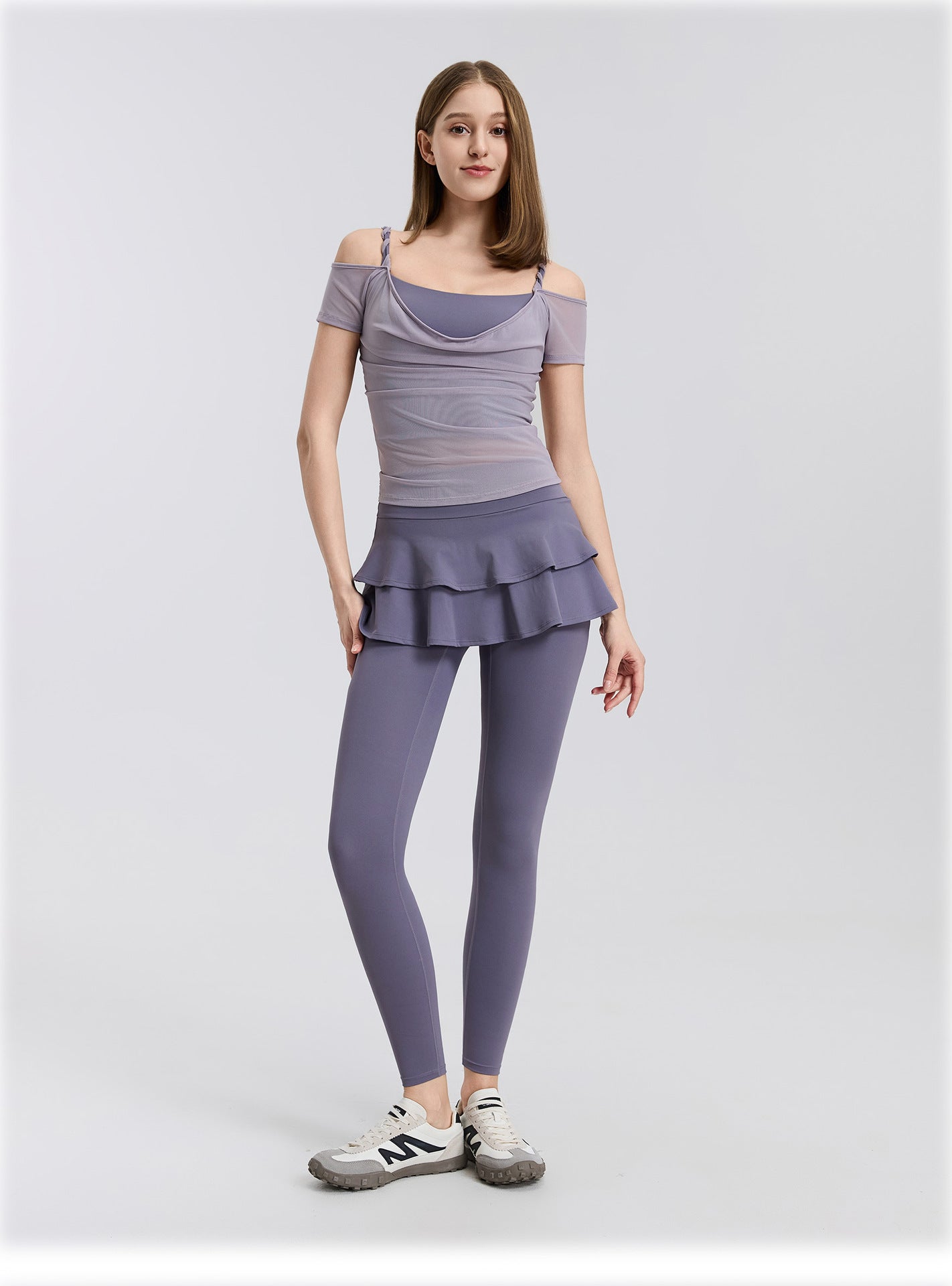 01/2026 Cable knit mesh off-shoulder yoga short-sleeved running quick-drying sports bra with integrated cups, fitness top, bra