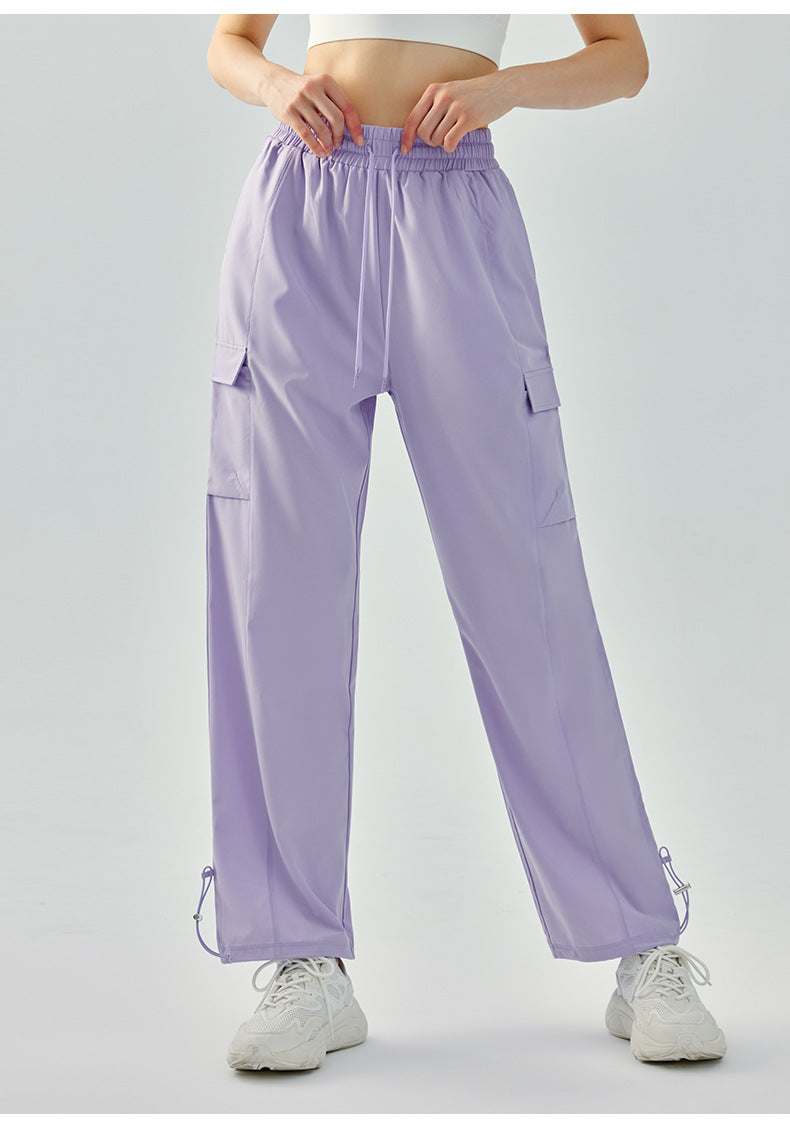 23.07 High waist loose drawstring sports pants women's high elastic wide leg slimming fitness trousers outdoor running quick-drying sports trousers