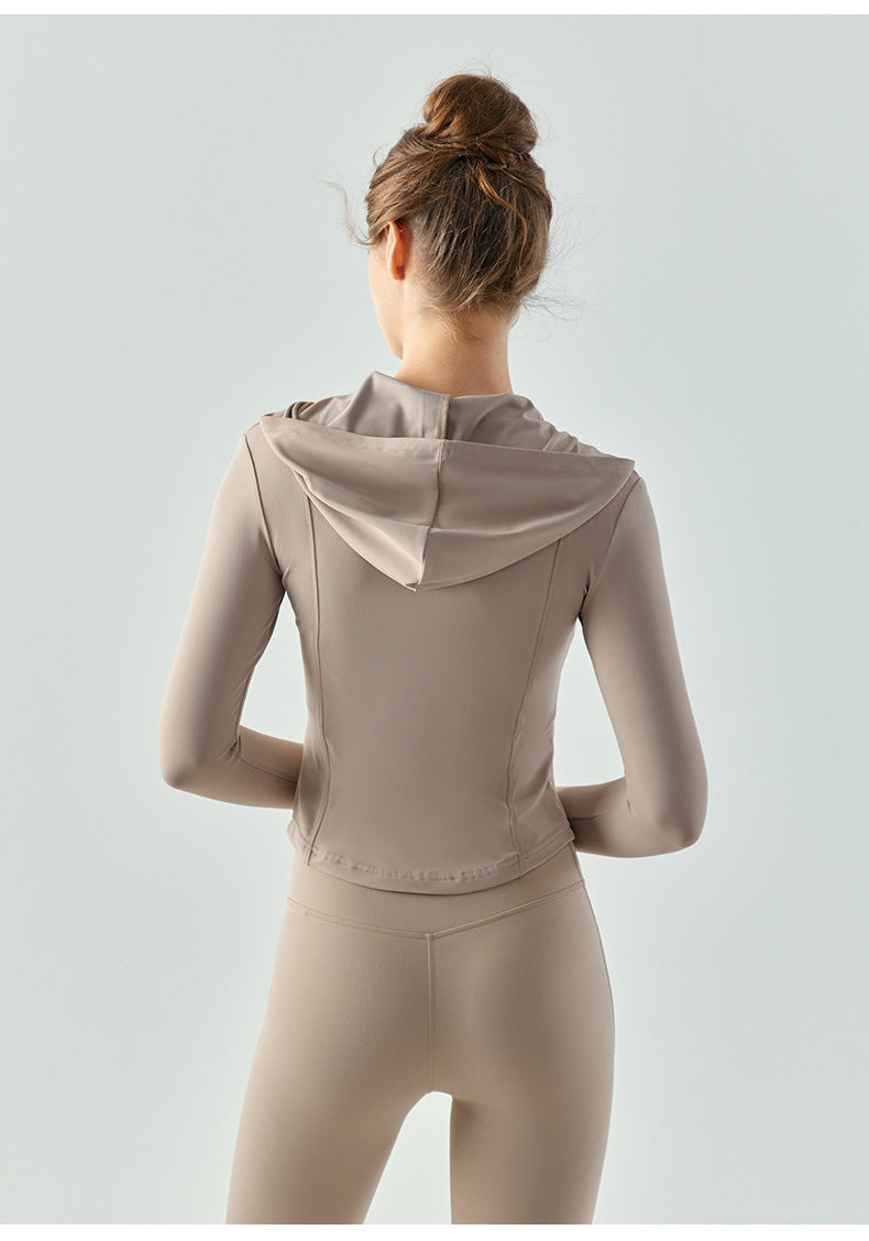 2023.08 sports coat autumn and winter waist zipper hooded yoga wear long-sleeved running tight fitness clothes for women