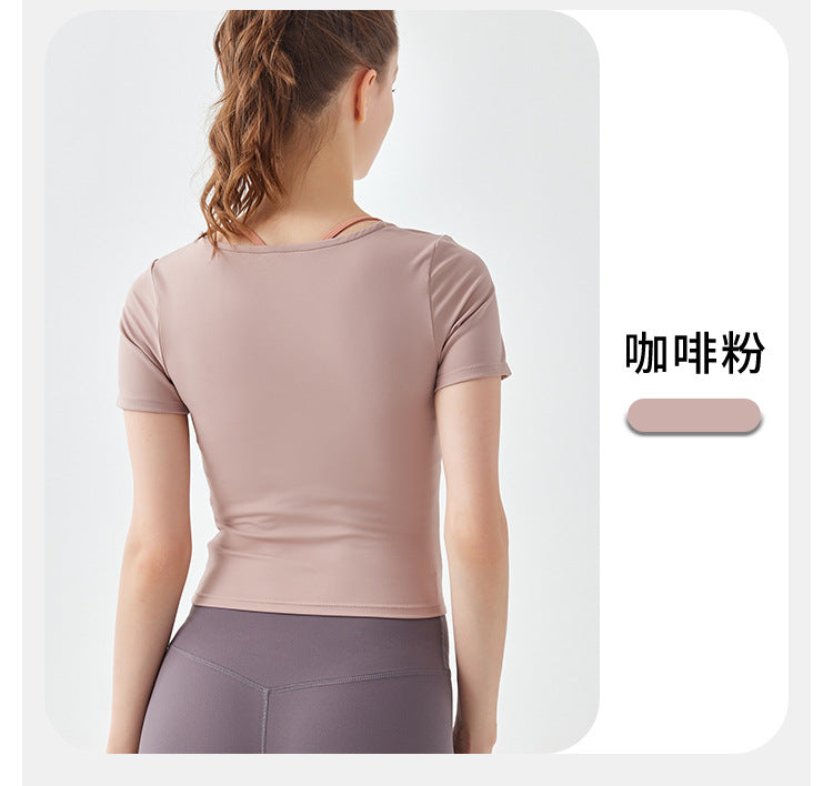 2023.08 Summer waist slimming square collar yoga clothing top women's irregular hem slim fitness elastic thin section sports short sleeves