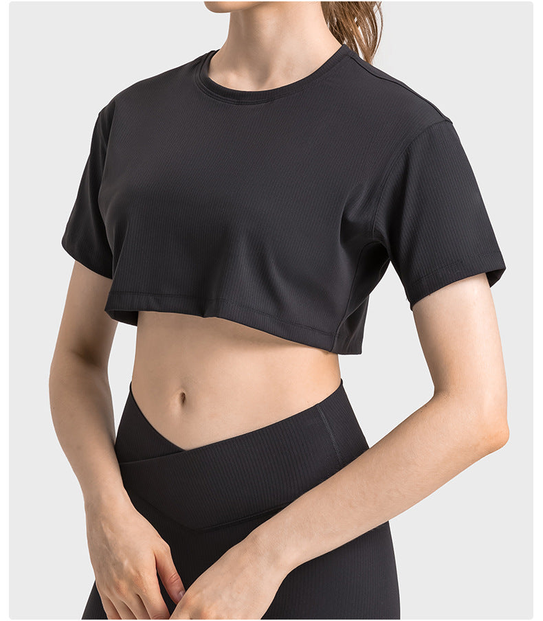 SPR drawn strip ribbed millennial all-match yoga short-sleeved sexy waistless loose short section careful machine sports T-shirt female