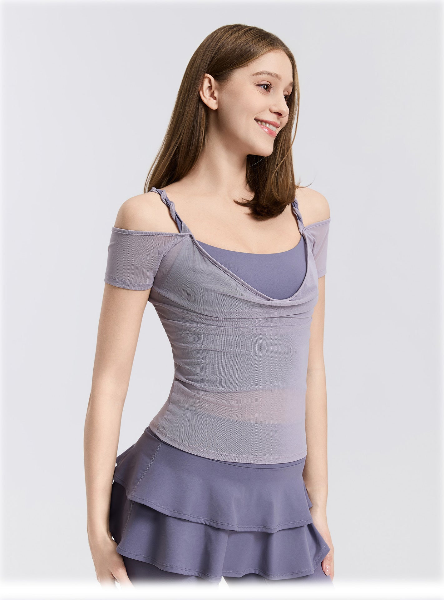 01/2026 Cable knit mesh off-shoulder yoga short-sleeved running quick-drying sports bra with integrated cups, fitness top, bra