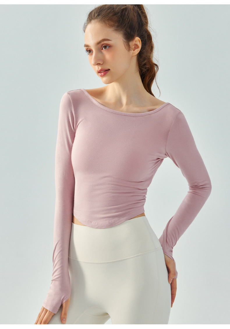 yoga clothing long-sleeved solid color loose sports top arc hem breathable quick-drying fitness clothing