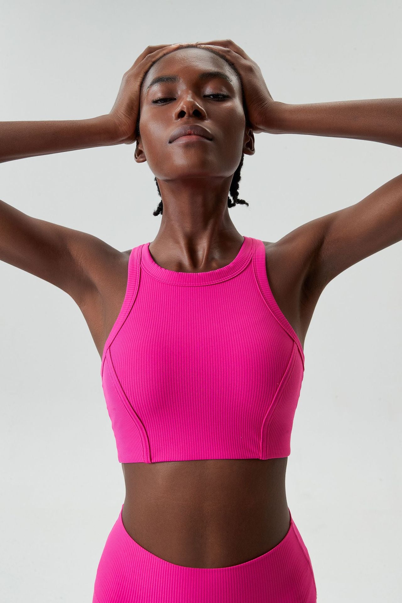 04/2024 ribbed High neck willow strip fan round oxygen cup sports bra women's long yoga fitness vest running bra