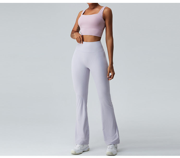 2023.09 ribbed Thread high waist yoga bell-bottom pants for women without T line belly pull-in micro dry sports running fitness pants