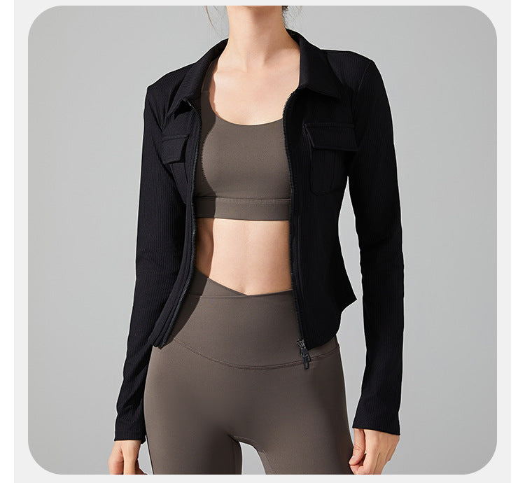 23.08 Autumn and winter lapel slim pocket long-sleeved yoga clothing front zipper sports jacket slim running fitness clothing top women