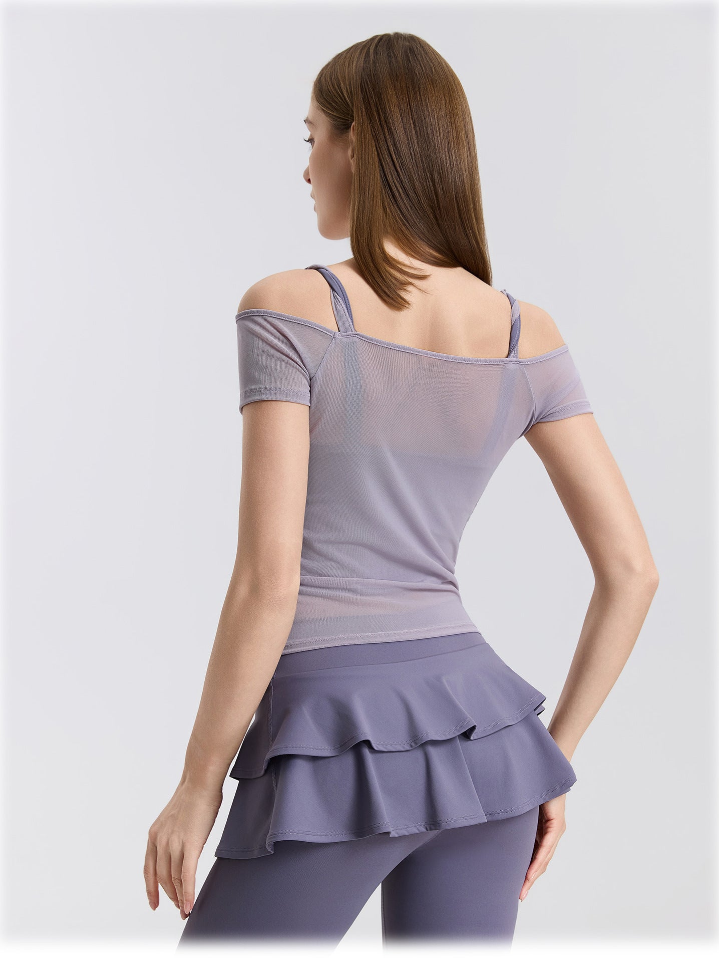 01/2026 Cable knit mesh off-shoulder yoga short-sleeved running quick-drying sports bra with integrated cups, fitness top, bra
