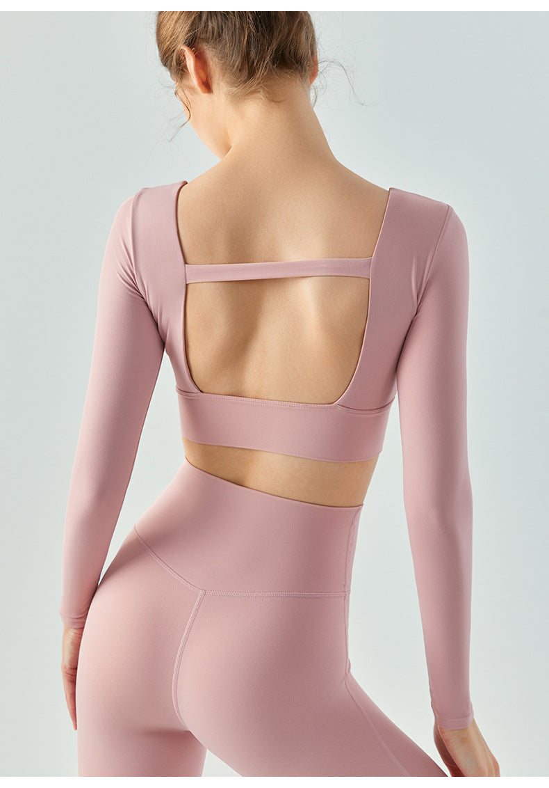 2023.08 Front chest pleated sports long-sleeved women's nude hollow beauty back yoga t-shirt running outside with chest pad fitness top