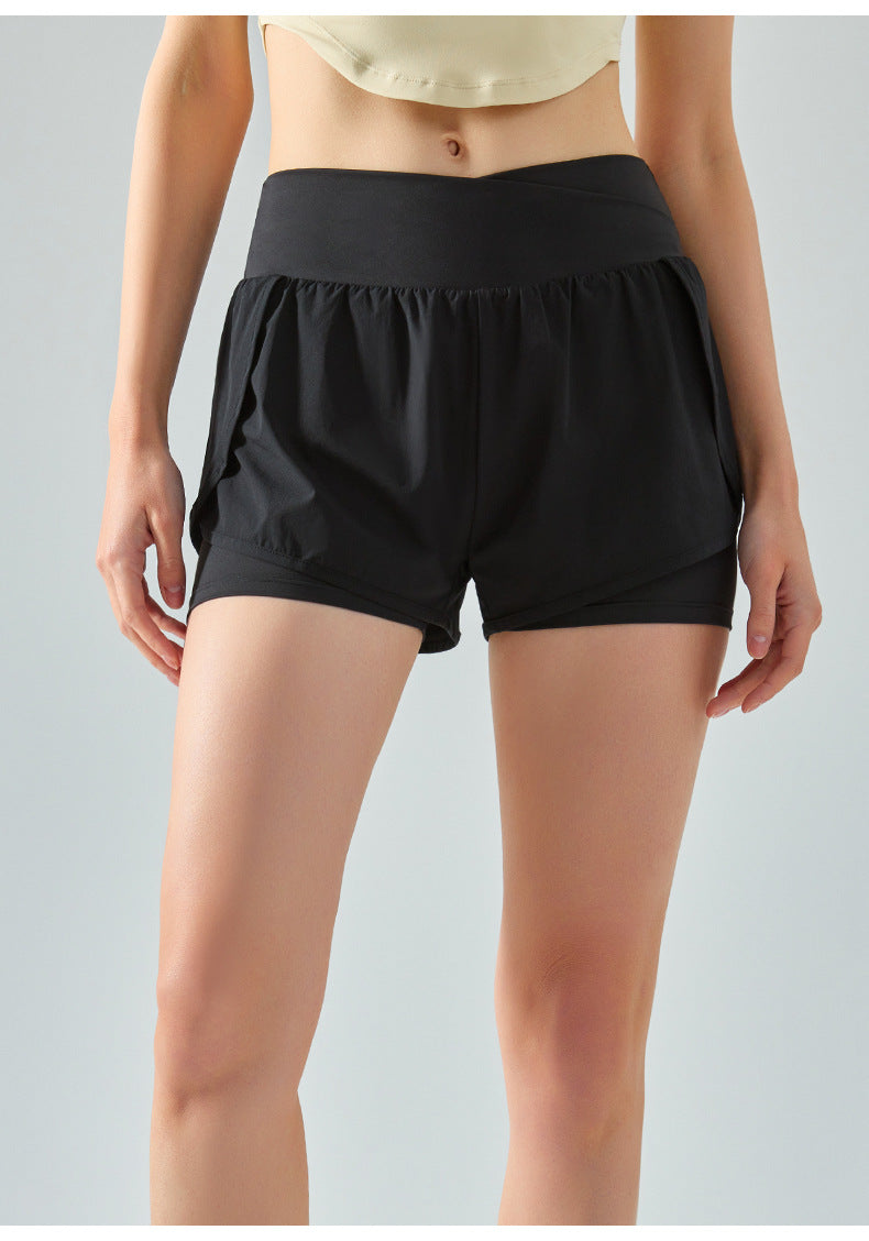 New crossover fake two-piece yoga shorts women's high waist belly control sports three-point pants loose breathable quick-drying cycling pants