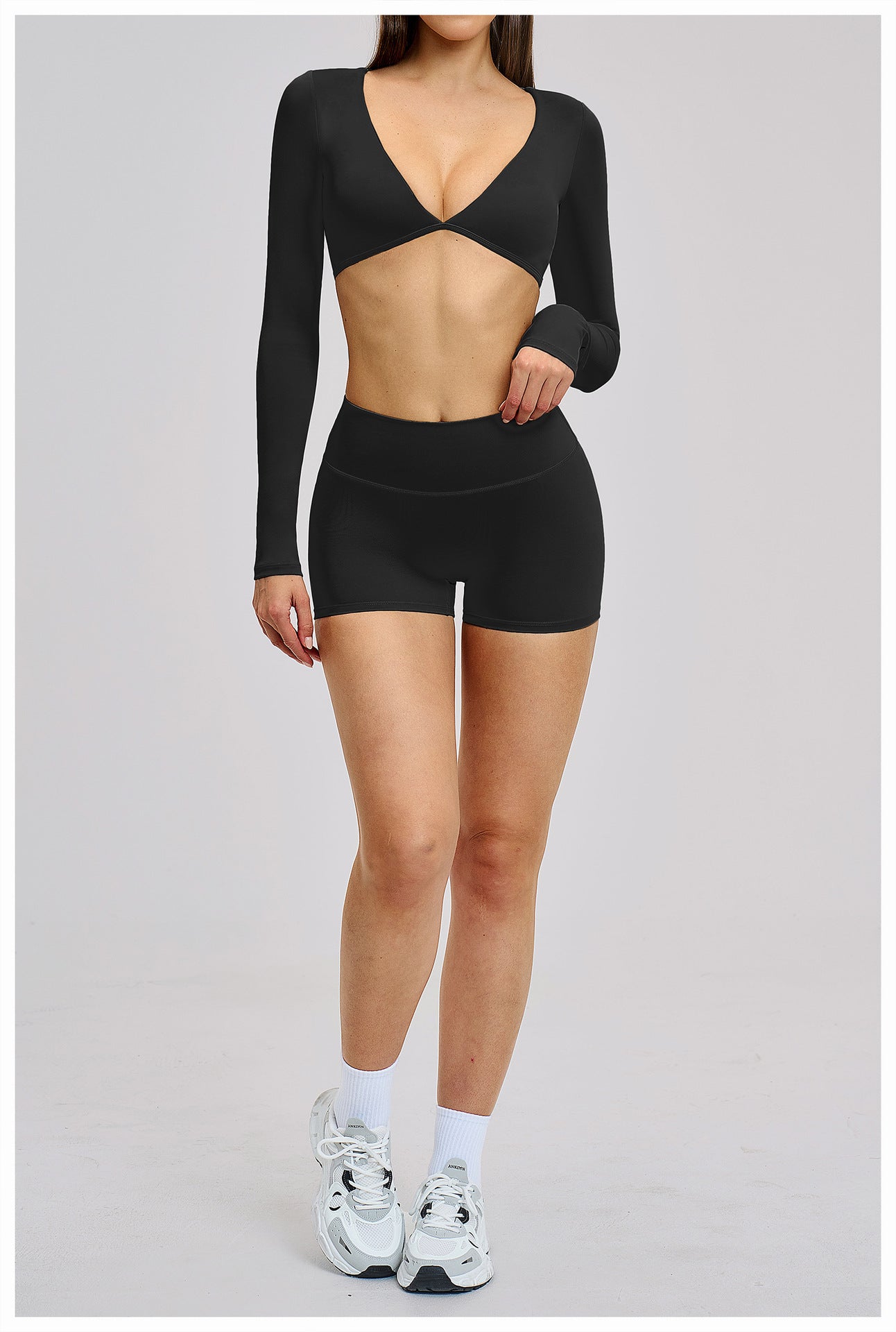 03/2026 Traje de yoga de manga larga estilo europeo y americano, traje deportivo de fitness con cuello halter para correr, ropa de yoga sin espalda cepillada 4201