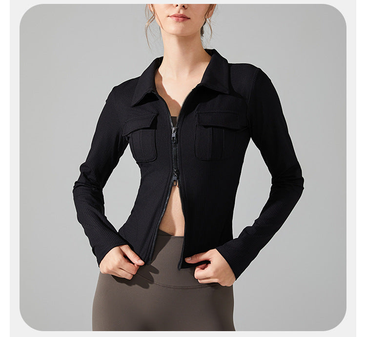 23.08 Autumn and winter lapel slim pocket long-sleeved yoga clothing front zipper sports jacket slim running fitness clothing top women