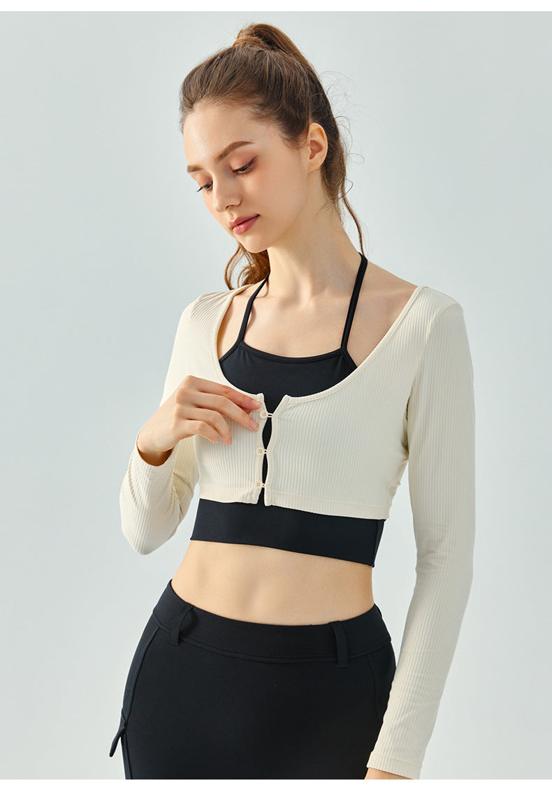 Color-blocking hanging neck fake two-piece yoga clothing long-sleeved 23.07 women's semi-fixed cup chest button autumn and winter sports fitness clothing top
