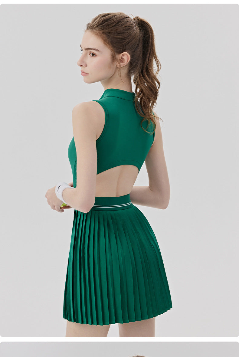 01/2026 Women's tennis dress with padded bra to prevent wardrobe malfunction, yoga bodysuit, badminton-inspired cool and breathable sports skirt/pants