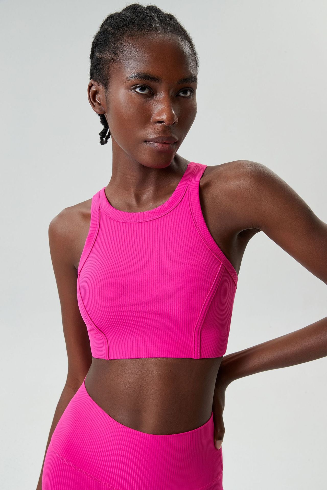 04/2024 ribbed High neck willow strip fan round oxygen cup sports bra women's long yoga fitness vest running bra