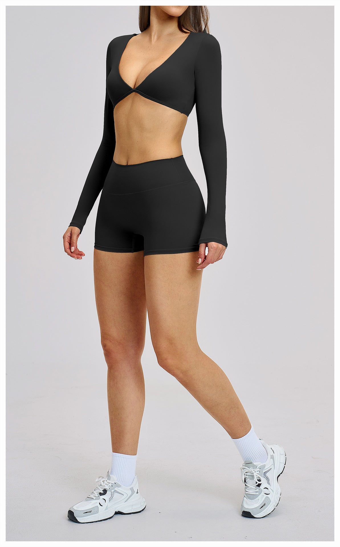 03/2026 Traje de yoga de manga larga estilo europeo y americano, traje deportivo de fitness con cuello halter para correr, ropa de yoga sin espalda cepillada 4201