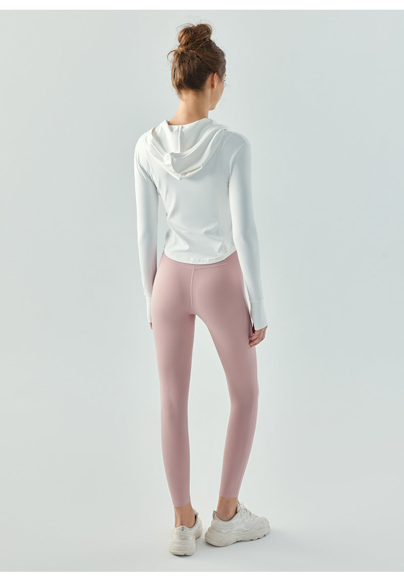 2023.08 sports coat autumn and winter waist zipper hooded yoga wear long-sleeved running tight fitness clothes for women