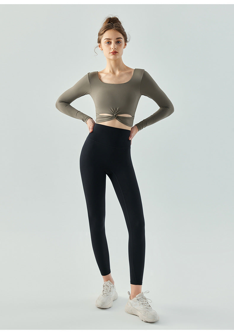 2023.09 Autumn and winter U-shaped backless yoga wear long-sleeved semi-fixed drop cup short sports t-shirt breathable quick-drying fitness top