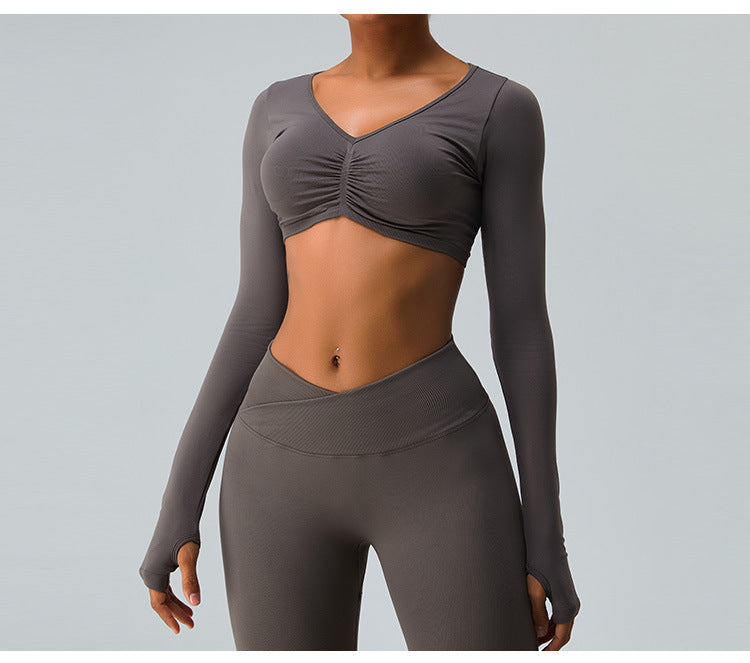 2023.09 Autumn and winter seamless yoga clothing top women slimming short long sleeve T-shirt quick drying sports fitness clothing