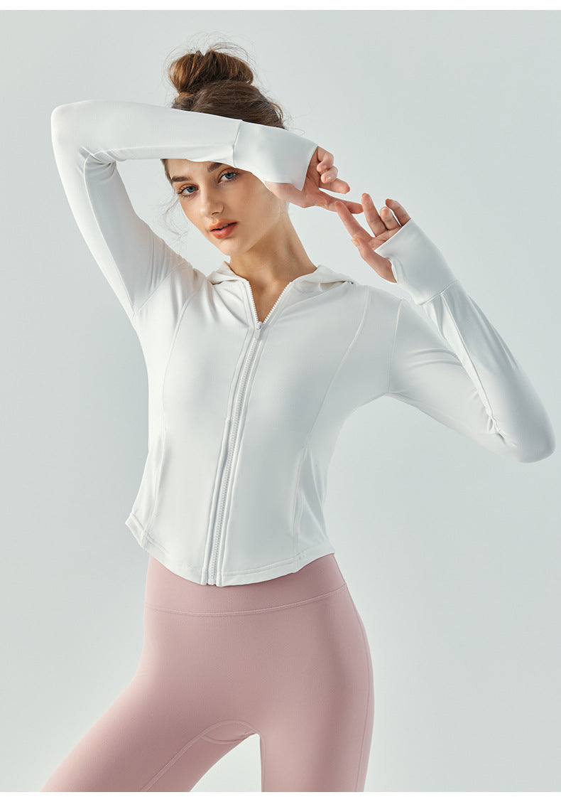 2023.08 sports coat autumn and winter waist zipper hooded yoga wear long-sleeved running tight fitness clothes for women
