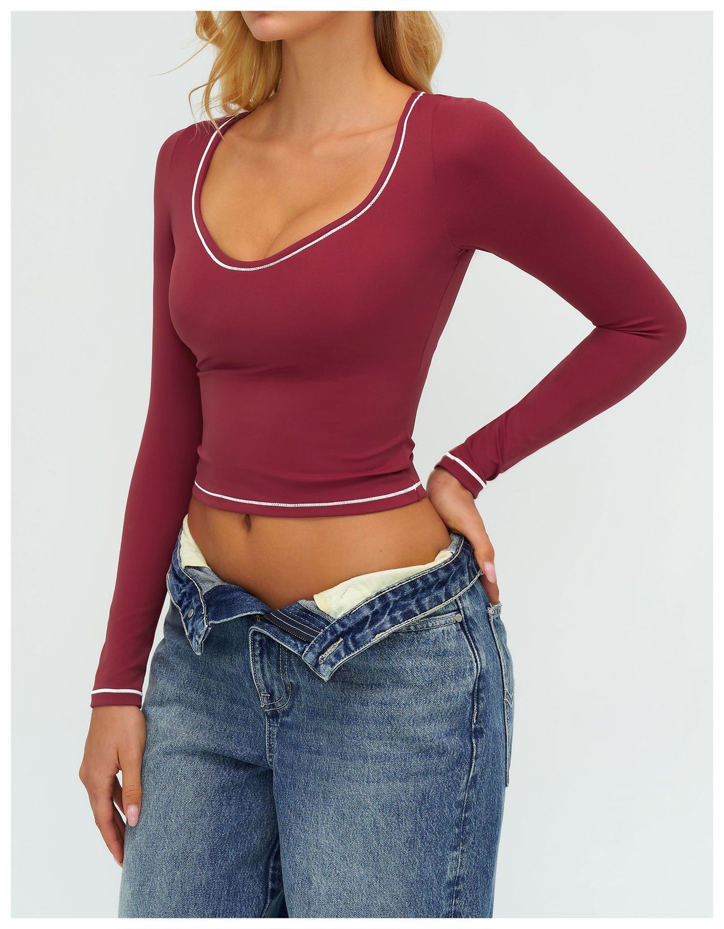 11/2025 Autumn/Winter Yoga Long-Sleeved Color-Blocked Brushed Fleece Slim Fit Fashion T-Shirt Outdoor Running Sports Long-Sleeved Top 7028