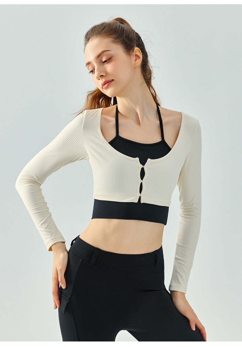 Color-blocking hanging neck fake two-piece yoga clothing long-sleeved 23.07 women's semi-fixed cup chest button autumn and winter sports fitness clothing top