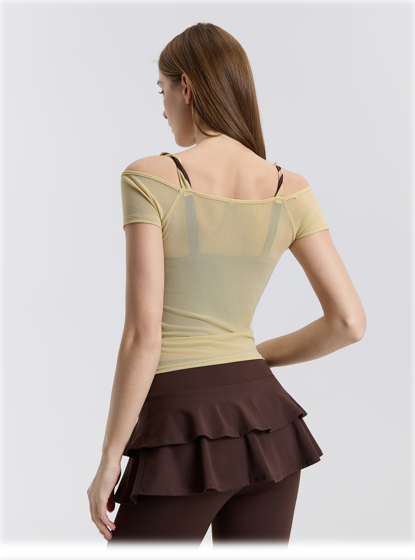 01/2026 Cable knit mesh off-shoulder yoga short-sleeved running quick-drying sports bra with integrated cups, fitness top, bra