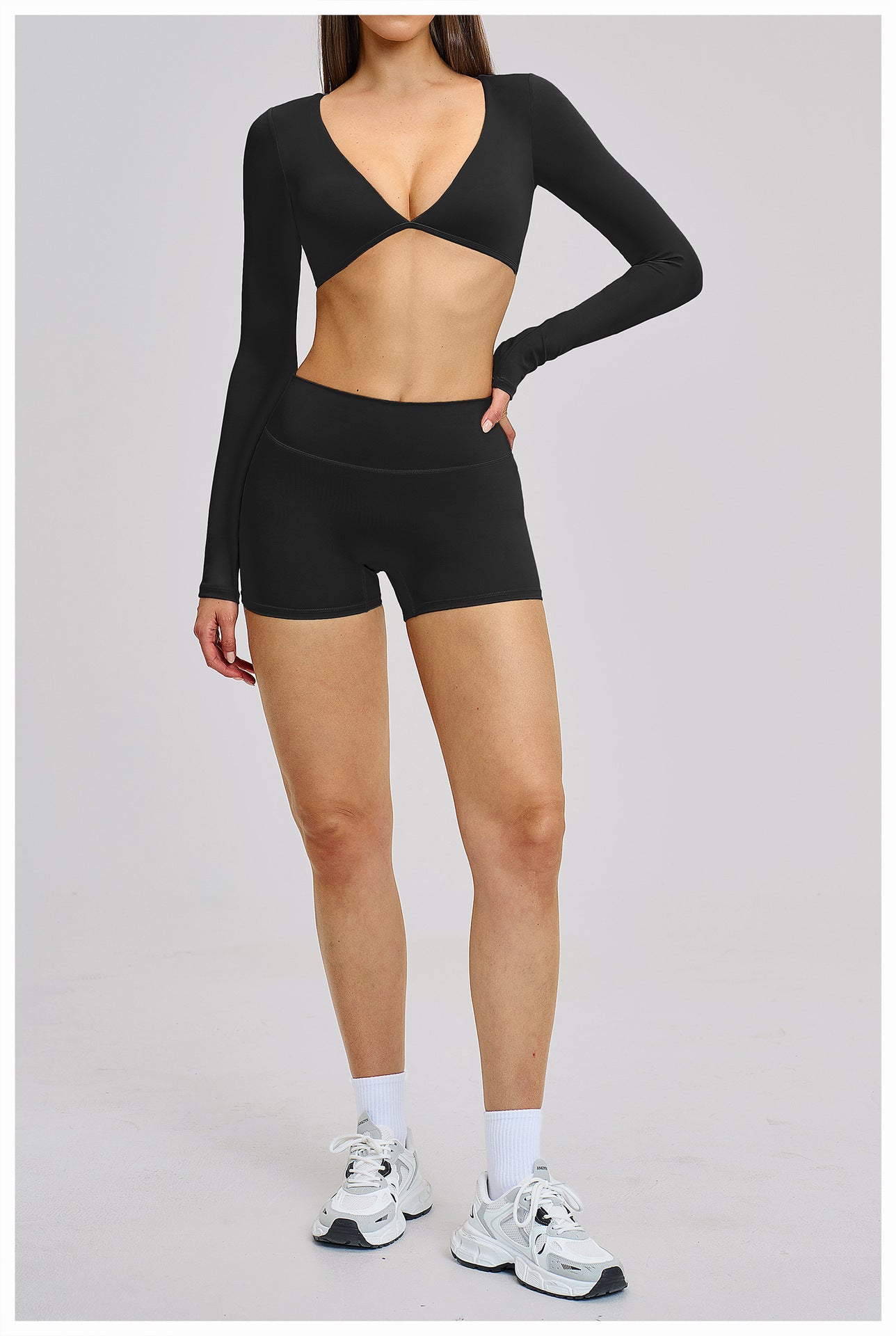 03/2026 Traje de yoga de manga larga estilo europeo y americano, traje deportivo de fitness con cuello halter para correr, ropa de yoga sin espalda cepillada 4201