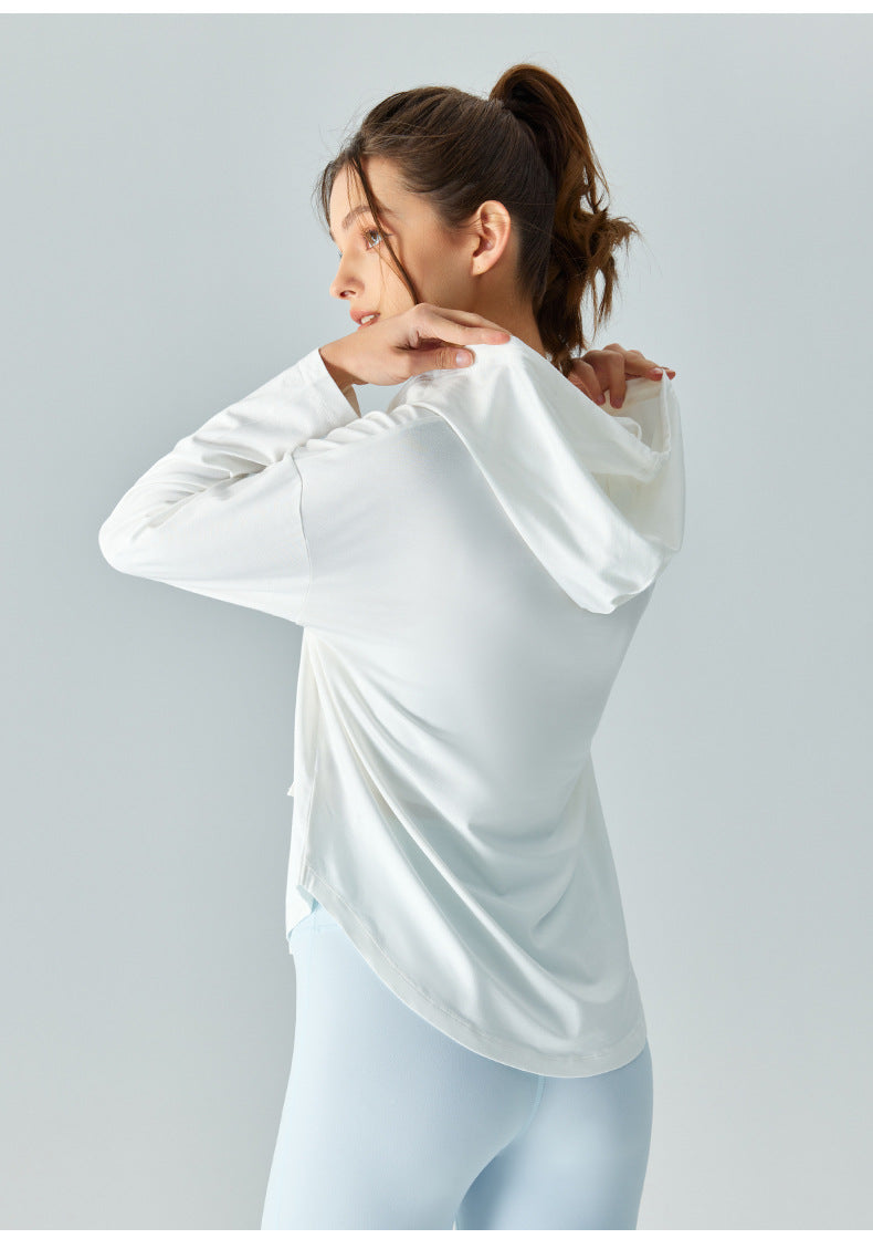 23.07 Loose drawstring yoga blouse women's long-sleeved hooded sports t-shirt lightweight micro-permeable quick-drying fitness clothing top