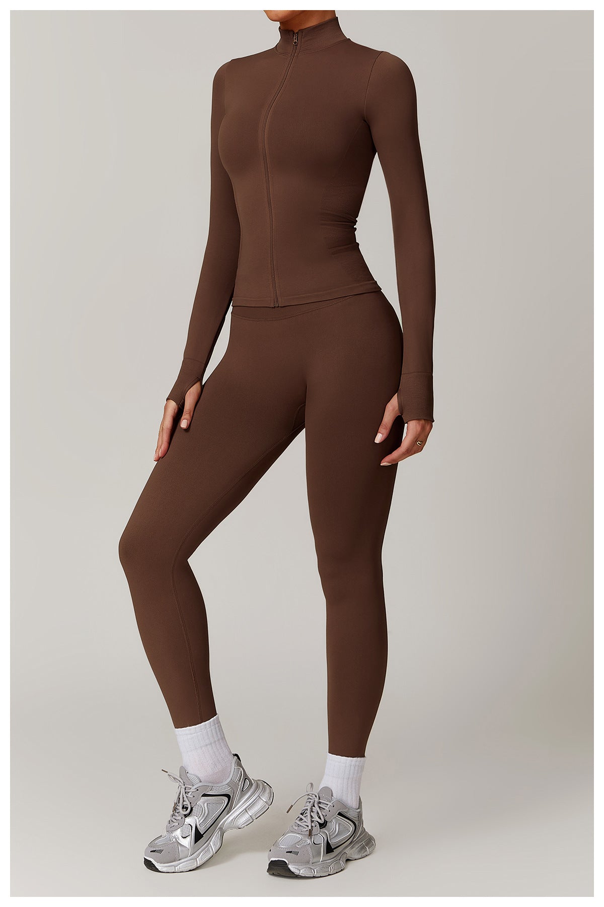 03/2026 Seamless stand-up collar zipper yoga set, windproof, slim fit, warm top, sports running set 7755