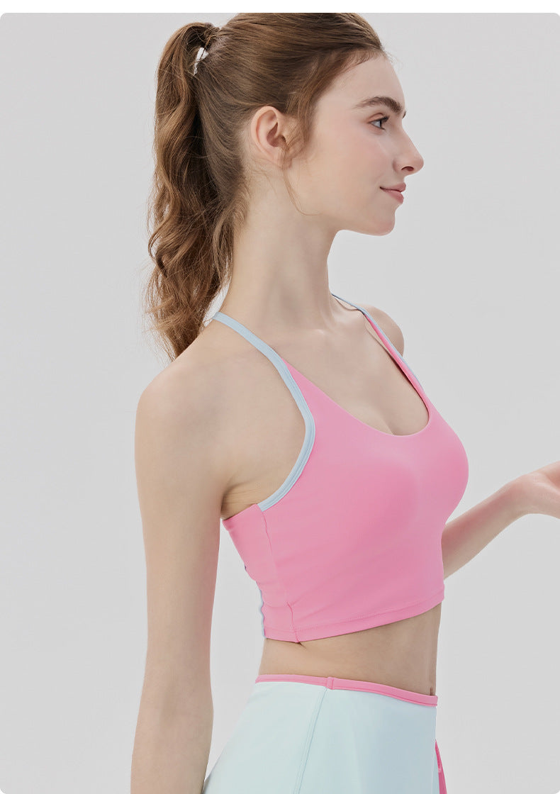 01/2026 Women's Yoga Vest with Padded Chest, No Need to Wear a Bra, Color Block Stripes, Beautiful Back, Pilates Fitness Top