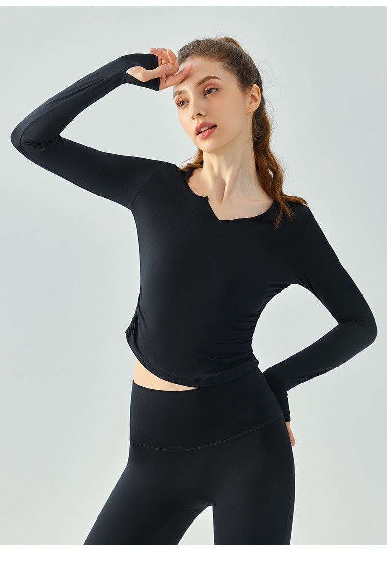 23.07 Loose V-neck yoga clothing long-sleeved women's arc hem nude slim sports t-shirt breathable quick-drying fitness clothing top